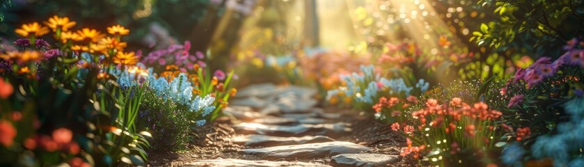 Garden break with rays of sun and blooming flowers, Calm, Peaceful garden relaxation