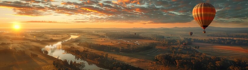 Hot air balloon flying over a beautiful valley at sunset.