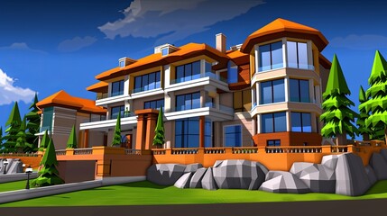 Fantasy RPG residential house building background, 3d anime cartoon megamansion ultimate luxury video game asset