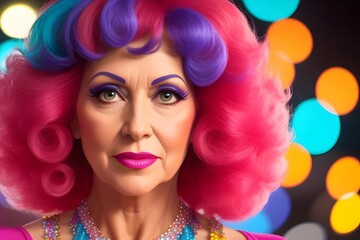 an image of a Colourful, 1970s closeup of a beautiful disco woman, 1970s fashion, retro, vintage, rainbow colors, stylish, retro hairstyle,  Beauty, Glamour, Funky, Sequins,