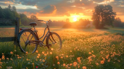 Fototapeta premium Vintage Bicycle in a Field of Flowers at Sunset - Generative AI