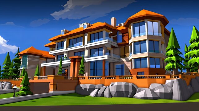 Fantasy RPG residential house building background, 3d anime cartoon megamansion ultimate luxury video game asset