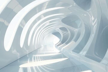Naklejka premium Futuristic white tunnel architecture. Abstract modern interior design background with curved walls and bright lighting, showcasing a futuristic space.