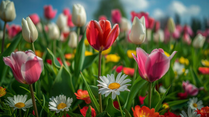 Vibrant daisies and tulips paint a lively green field.