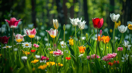 Obraz premium Vibrant daisies and tulips paint a lively green field.