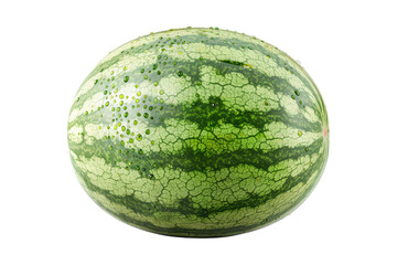 Whole watermelon with vibrant green skin isolated on white transparent background, refreshing fruit for a healthy summer picnic.