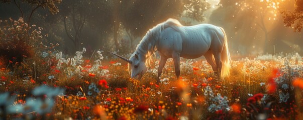 A photorealistic image of a majestic unicorn grazing in a field of wildflowers, its horn glowing with an ethereal light.