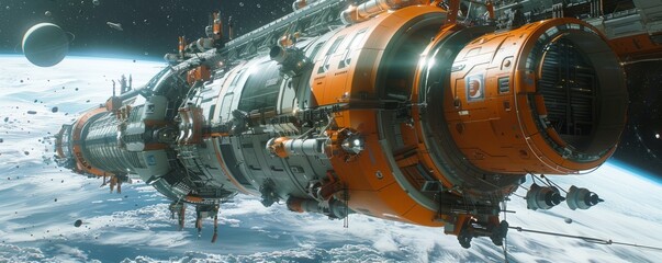 A photorealistic depiction of a sleek spaceship docking with a futuristic space station, its crew members preparing for an interstellar voyage.