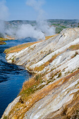 Firehole River, Yellowstone National Park, Wyoming, USA. The Firehole River flows through several significant geyser basins in the park