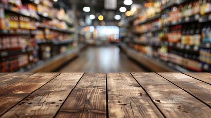 empty wooden table top with blurred supermarket aisles in background, for product display and mockup 