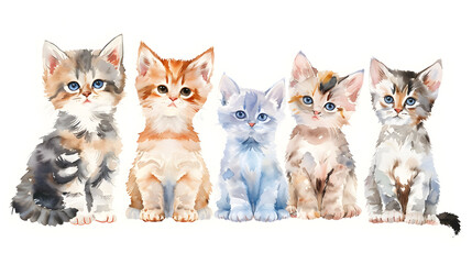 Group of cute kittens sitting in a row watercolor illustration isolated on a white background