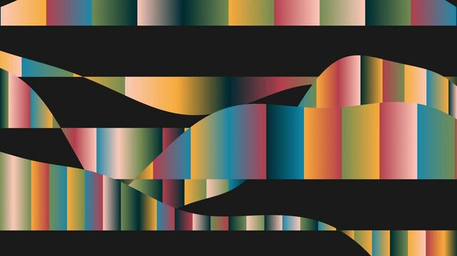 An abstract design featuring colorful wave patterns on a black background. The vibrant stripes of color create a dynamic and visually stimulating artwork. 