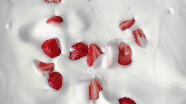Strawberry yogurt production, delicious cut berries falling into white thick cream, slow motion shot