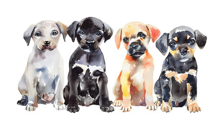 Obraz premium Group of cute puppies dogs sitting in a row watercolor illustration isolated on a white background