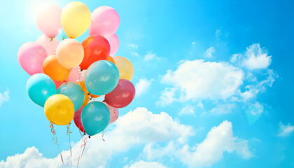 colorful helium balloons floating against blue sky joyful celebration background