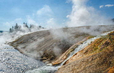 Firehole River, Yellowstone National Park, Wyoming, USA. The Firehole River flows through several significant geyser basins in the park