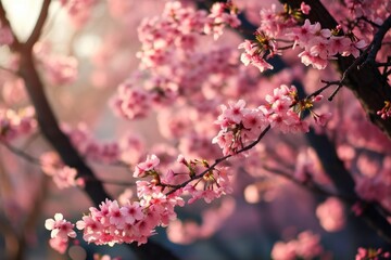 Obraz premium A serene path lined with blooming pink cherry trees, A cherry blossom scene in full bloom, AI generated