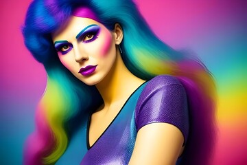 an image of a Colourful, 1970s closeup of a beautiful disco woman, 1970s fashion, retro, vintage, rainbow colors, stylish, retro hairstyle,  Beauty, Glamour, Funky, Sequins,