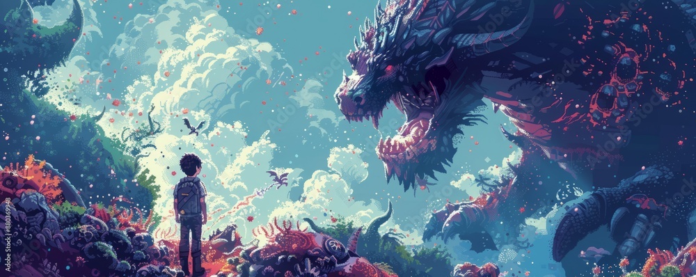 Poster A pixel art illustration of a gamer immersed in a virtual world, their avatar battling fantastical creatures.