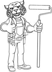 A wildcat painter decorator handyman cartoon construction man mascot character holding a paint roller tool
