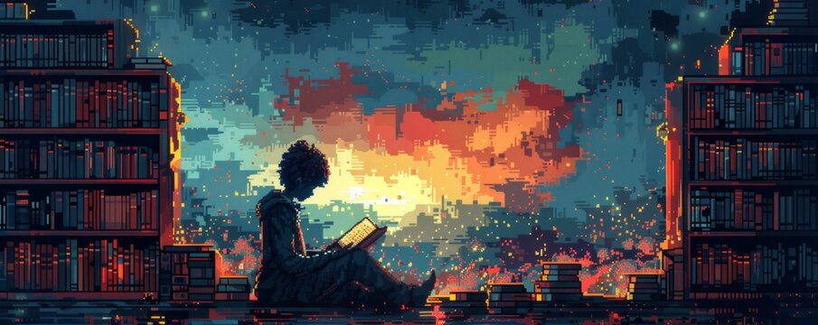 A pixel art illustration of a pixelated reader engrossed in a book, their mind transported to pixelated faraway lands and fantastical stories.