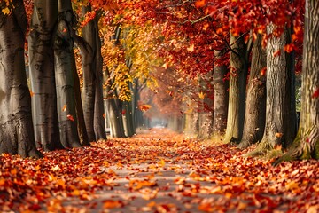 Dynamic Fall Scene with Leaves Floating in Air along Forest Path