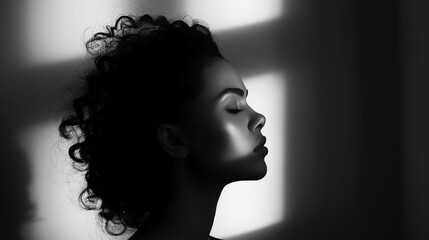 Serene portrait of a woman with curly hair in dramatic lighting. The black and white photo captures the calm and contemplation of the subject. © May Chanikran