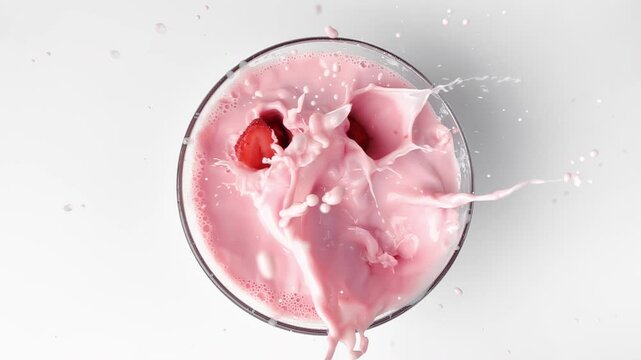 Slices of fresh strawberry falling into tasty milkshake or smoothie, super-slow motion, top view