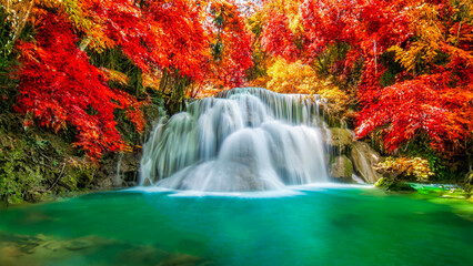 Amazing in nature, beautiful waterfall at colorful autumn forest in fall season