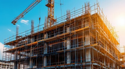 A construction site with a crane and building framework at sunset, showcasing urban development and modern architecture.