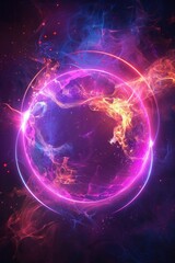 Obraz premium A stunning digital artwork featuring a glowing neon sphere surrounded by dynamic light effects and colorful energy waves.