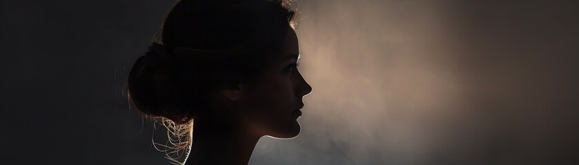 Silhouette of a woman with elegant hairstyle against a dark, smoky background, showcasing grace and mystery.