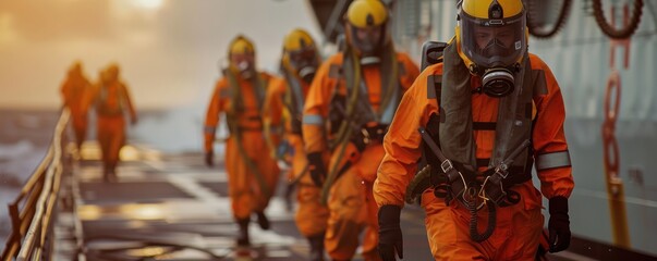 Crew members conducting emergency drills, serious and focused, prioritizing safety