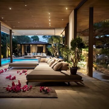a villa, floor is wooden texture, a cozy space intagrated with the garden