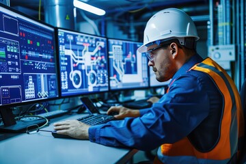 Engineer working on computer in warehouse. Factory worker using computer in warehouse.