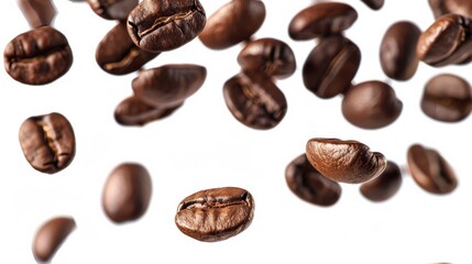 Coffee Beans in Motion: Roasted coffee beans suspended in mid-air, showcasing their rich, dark brown color and intricate textures. A captivating image for coffee-related projects.