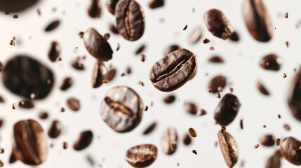 Obraz premium Coffee Bean Shower: A flurry of roasted coffee beans cascade through the air, their rich brown hues and intricate shapes creating a captivating visual symphony. 
