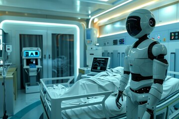 A Futuristic Hospital Room With a Robot Nurse Standing by a Patient's Bed