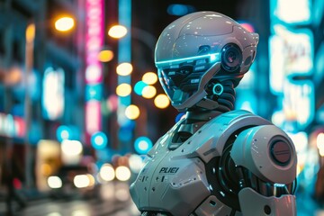 Fototapeta premium Futuristic Robot Standing in a City at Night