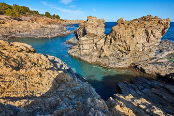 Mediterranean rocky coastline in Costa Brava. Bramant cove, Catalonia, Spain