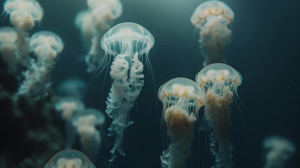 Obraz premium Beautiful colorful jellyfish swimming in the deep sea