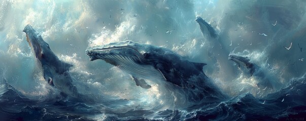 Fototapeta premium A pod of whales breaching the surface of the ocean, their massive bodies creating a spectacular display of power and grace.