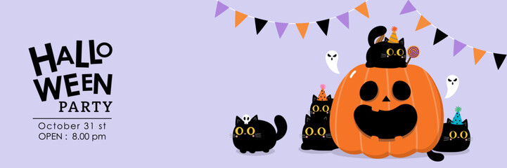 Happy halloween party invitation card with spooky pumpkin, cute black cat and ghost. Holidays cartoon character. -Vector
