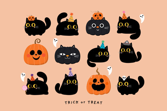 Happy halloween party invitation card with spooky pumpkin, cute black cat and ghost. Holidays cartoon character. -Vector
