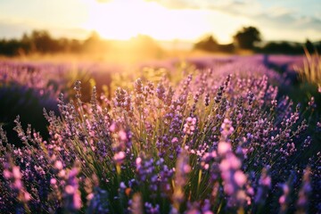 Fototapeta premium Sun-drenched lavender fields in full bloom, A blooming field of lavender under a sunny sky, AI generated