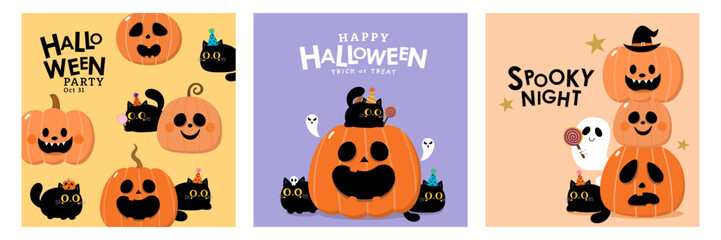 Happy halloween party invitation card with spooky pumpkin, cute black cat and ghost. Holidays cartoon character. -Vector
