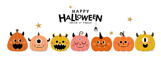 Happy halloween party invitation card with cute monster pumpkin. Holidays cartoon character. -Vector © Dusida