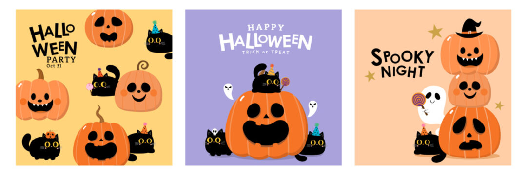 Happy halloween party invitation card with spooky pumpkin, cute black cat and ghost. Holidays cartoon character. -Vector
