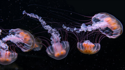 Obraz premium Beautiful colorful jellyfish swimming in the deep sea
