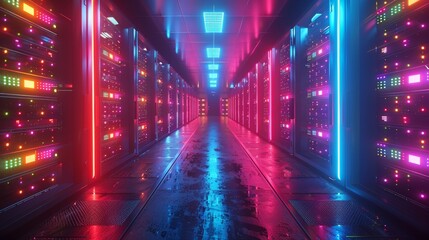 Futuristic Data Center with Neon Lights - Generative AI